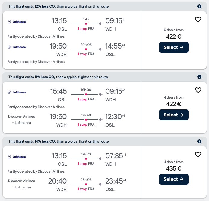 Oslo to Namibia. Skyscanner.