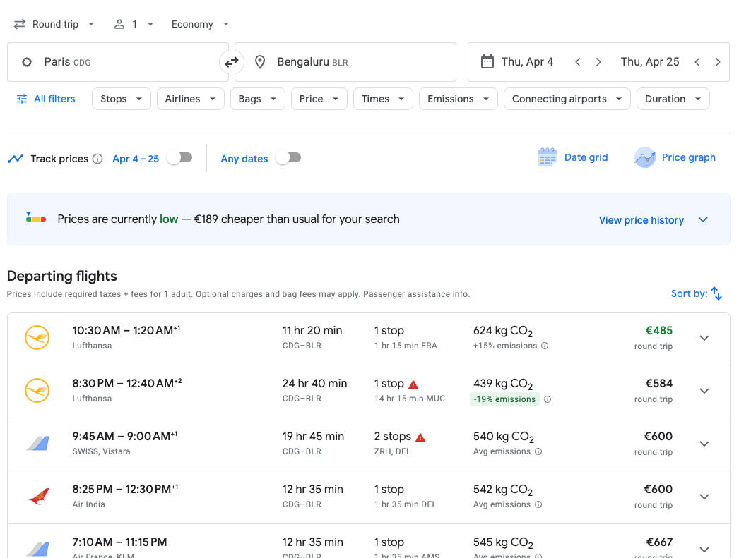 Paris to Begaluru, India Google Flights