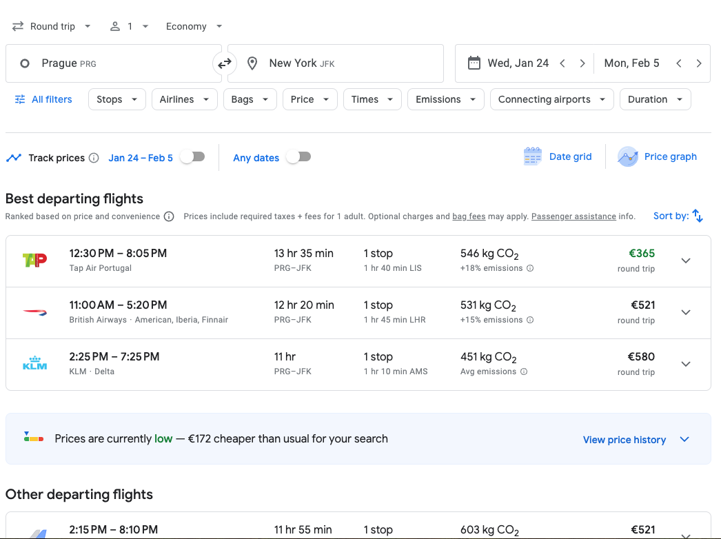 Prague (PRG) to New York City (JFK) google flights example.