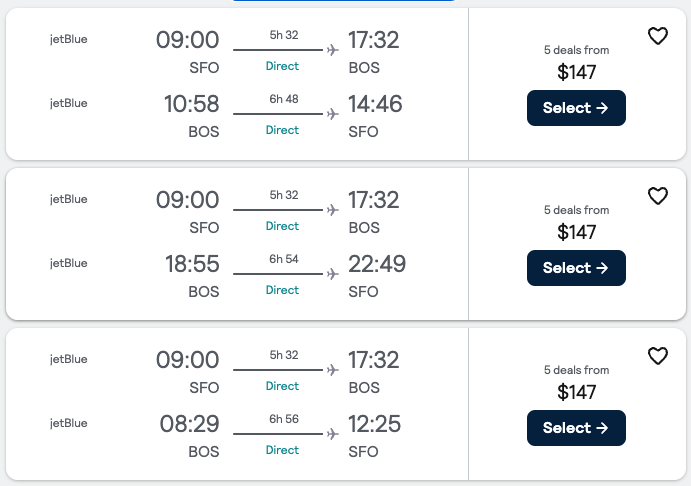 San Francisco to Boston, Skyscanner.