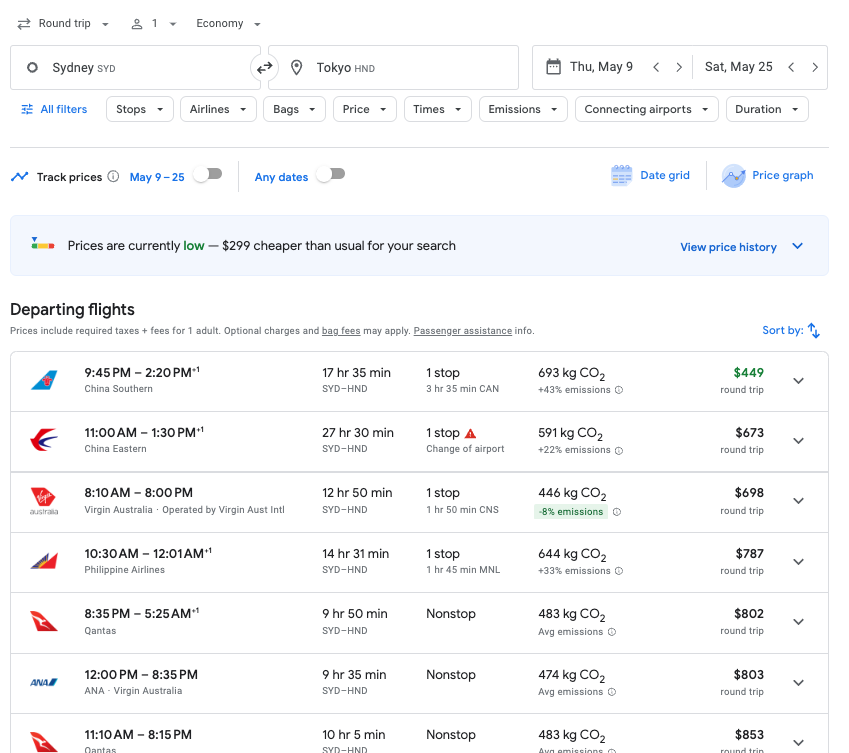 Sydney to Tokyo Google Flights.