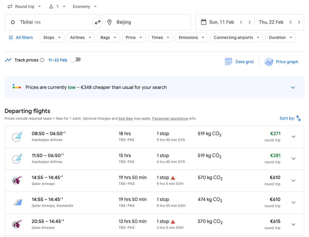 Tbilisi (TBS) to Beijing (PEK), Chine from €271 Roundtrip.