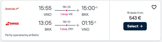 Cheap flight from Vilnius (VNO), Lithuania to Bangkok, Thailand from €506 Roundtrip.