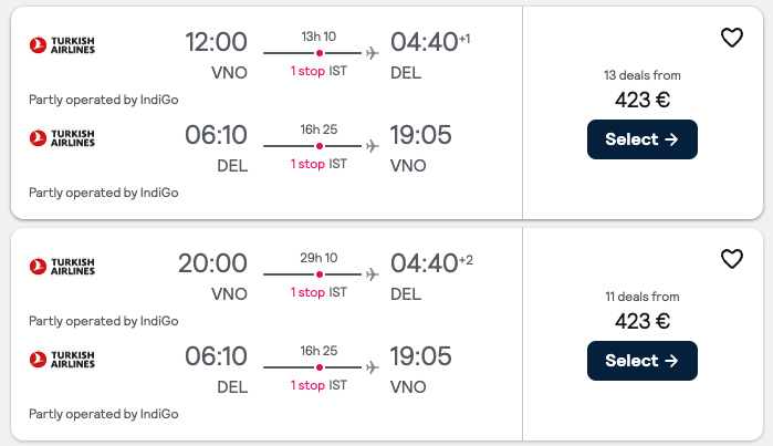 Cheap flight from Vilnius (VNO) to New Delhi (DEL), India from €423 Roundtrip