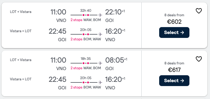 Vilnius (VNO) to Goa (GOI), India from €602.