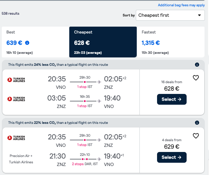 Flight from Vilnius (VNO), Lithuania to Zanzibar (ZNZ). Skyscanner.